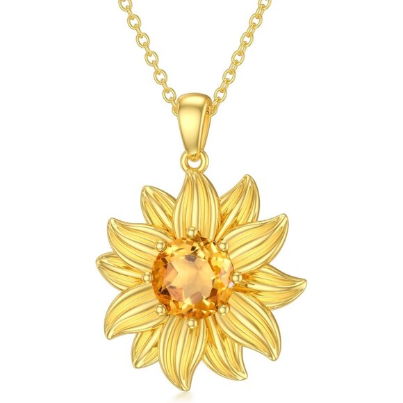 Sterling Silver Sunflower Necklace with Citrine Pendant 18in Gift for Women
